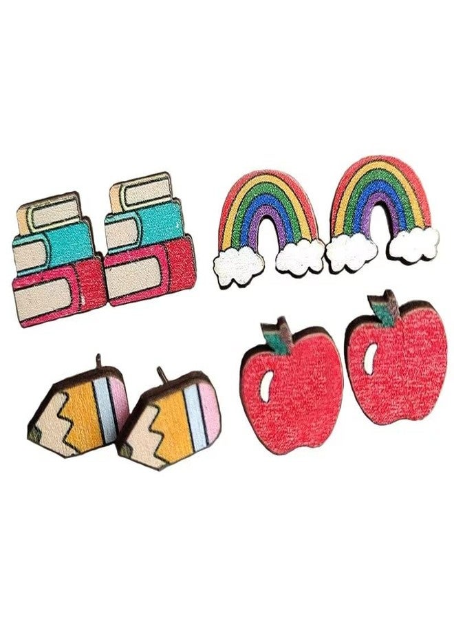 BLUE DROP 4 Pairs Teacher Earrings for Women Wooden Book Rainbow Pencil Apple Stud Earring Jewelry Teacher Appreciation Gifts - Image 1