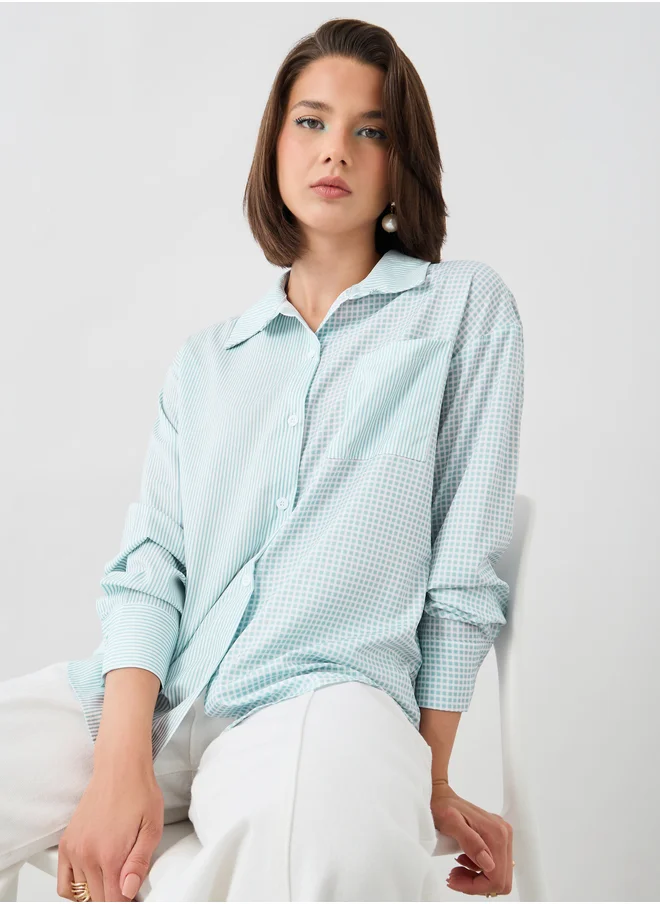 ستايلي Styli Checked Spread Collar Oversized Shirt