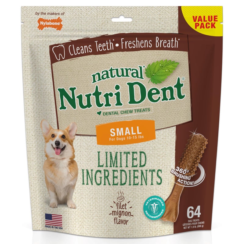 Nylabone Nutri Dent Dog Dental Chews - Natural Dog Teeth Cleaning & Breath Freshener - Dental Treats for Dogs - Filet Mignon Flavor, Small (64 Count) - Image 1