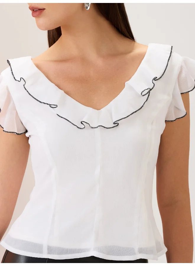 globus Women White Flared Sleeves V-Neck Ruffle Piping Detail Chiffon Top