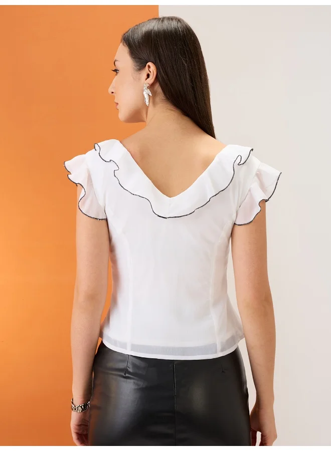 globus Women White Flared Sleeves V-Neck Ruffle Piping Detail Chiffon Top