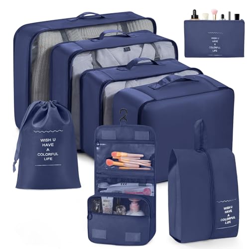 Porslin 8-Set Packing Cubes for Travel Organiser Bags and Packing Bags for Travelling, Luggage Organiser Set with Mesh Travel Clothes Organizer Bag, Shoe Bag, Toiletry Pouch & Laundry Bag - Image 1