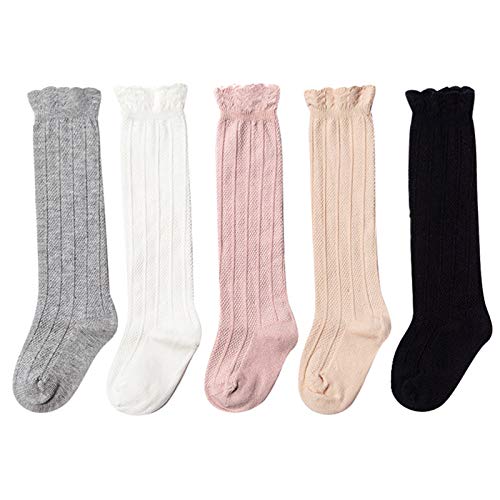 EPEIUS 5 Pair Pack Little Girls Boys Seamless Uniform Knee High Socks Kids Girls Tube Ruffled Stockings for 3-5 Years,White/Black/Grey/Pink/Beige - Image 1