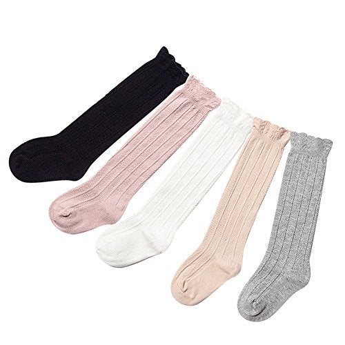 EPEIUS 5 Pair Pack Little Girls Boys Seamless Uniform Knee High Socks Kids Girls Tube Ruffled Stockings for 3-5 Years,White/Black/Grey/Pink/Beige - Image 4