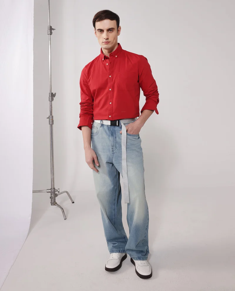 Rare Rabbit Rare Rabbit Men's Auxfo Red Cotton Fabric Full Sleeves Solid Formal Shirt