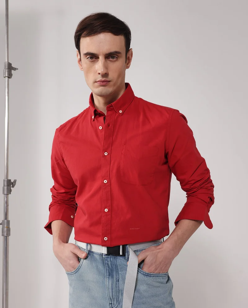 Rare Rabbit Rare Rabbit Men's Auxfo Red Cotton Fabric Full Sleeves Solid Formal Shirt