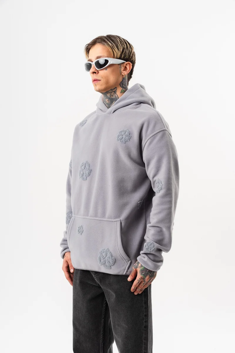 RESPIRE Men's Süzene Embroidery Detail Hooded Oversize Fleece Hoodie Grey