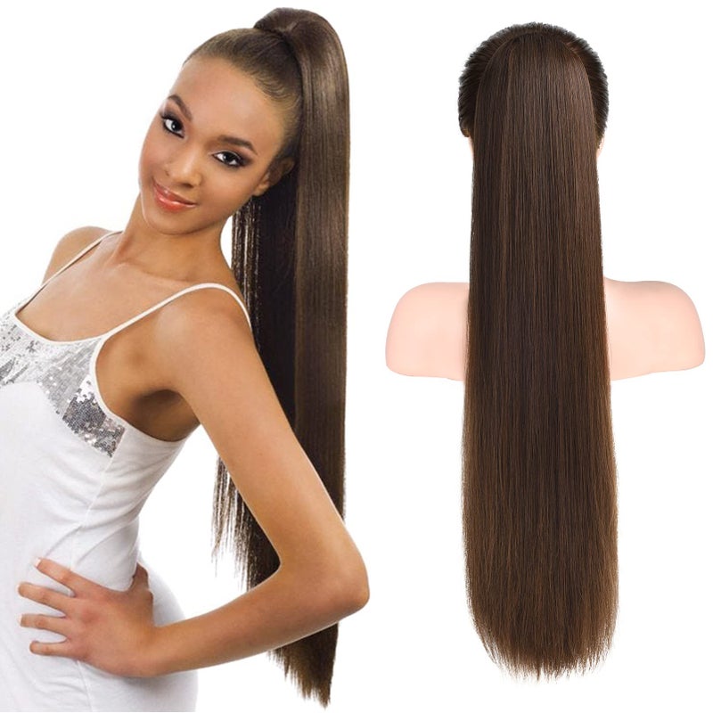 SEIKEA 28 Ponytail Extensions Drawstring Long Straight Fake Pony Tail Natural Soft Clip in Hair Extension Synthetic Heat Resistant Hairpiece  Dark Brown with Copper Highlights