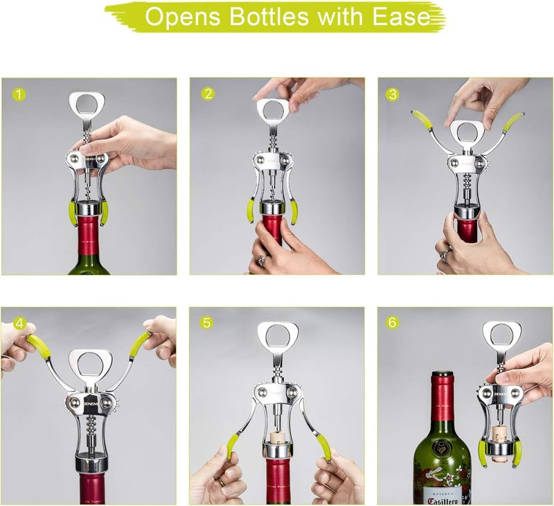 Beneno Wine Opener, Zinc Alloy Premium Wing Corkscrew with Multifunctional Bottles Opener, Sharp Wine Corkscrew with Ergonomic Non-Slip Wing Handle, Upgrade Green - Image 2