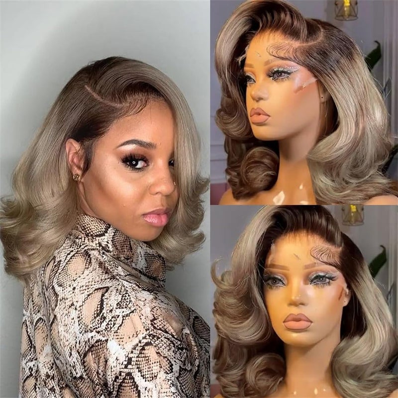 Ulaphence Ombre Ash Gray Blonde Wavy Lace Front Bob Wig Human Hair 200 Density Thicker Ombre Brown Roots with Ash Grey Short Bob Wig Body Wave Pre Plucked 13x4 Ashy Balayage Colored Bob Wig for Women 16 Inch - Image 3