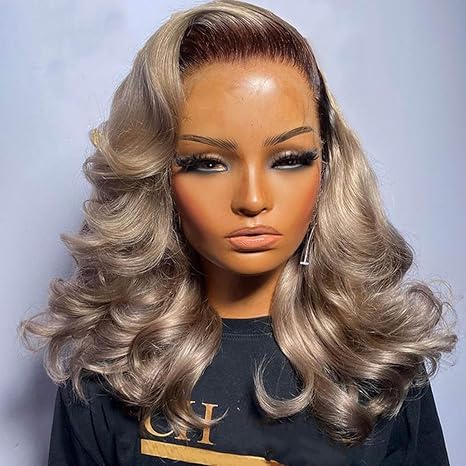 Ulaphence Ombre Ash Gray Blonde Wavy Lace Front Bob Wig Human Hair 200 Density Thicker Ombre Brown Roots with Ash Grey Short Bob Wig Body Wave Pre Plucked 13x4 Ashy Balayage Colored Bob Wig for Women 16 Inch - Image 1