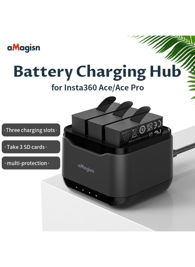 aMagisn Battery Charger for Insta360 Ace Pro/Ace – Triple Slot Fast Charging, Smart Power Management, SD Card Storage, Safety Protection – Action Camera Battery Charger  - Image 2