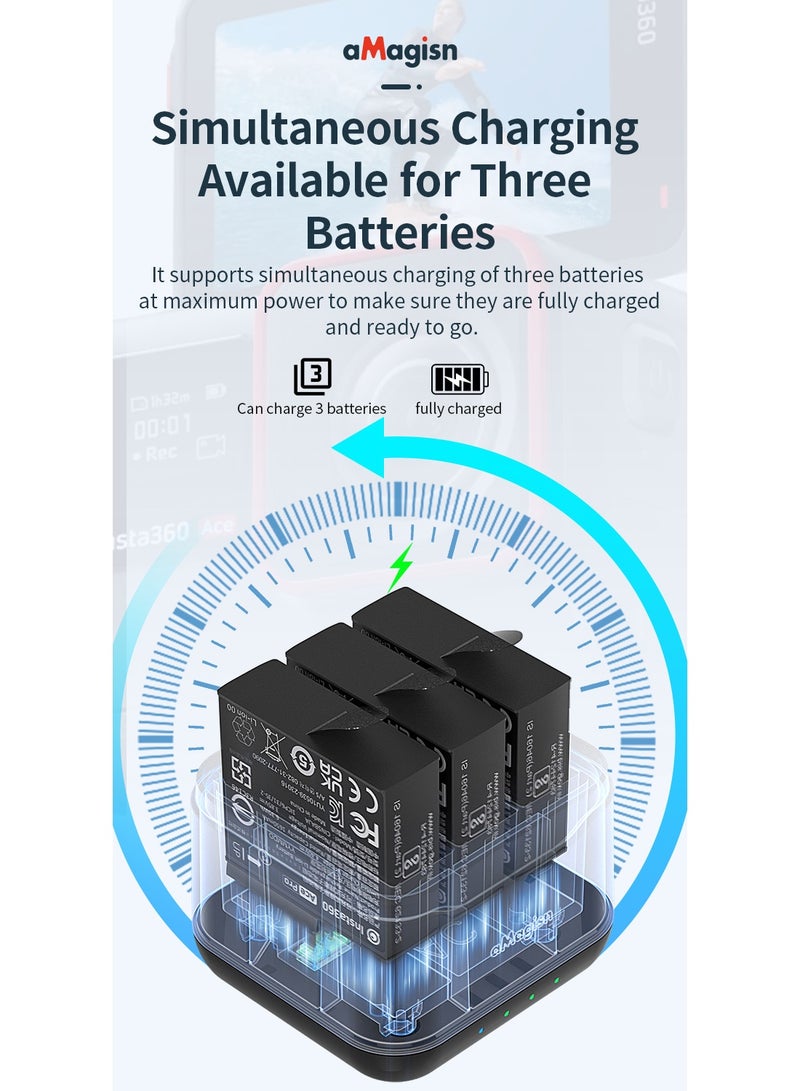 aMagisn Battery Charger for Insta360 Ace Pro/Ace – Triple Slot Fast Charging, Smart Power Management, SD Card Storage, Safety Protection – Action Camera Battery Charger  - Image 3