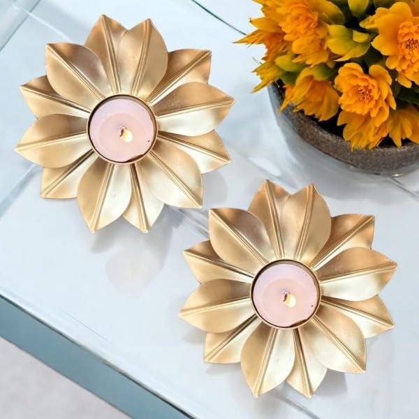 Half Engineer Gifts - HE Half Engineer Metal Lotus Flower Shape Tealights Candle Holder Flower Diya Round Shape Diya Handcrafted Tea Light Candles Home Office DecorDiyas for Diwali Set of 2 Gold Color 5 Inches 