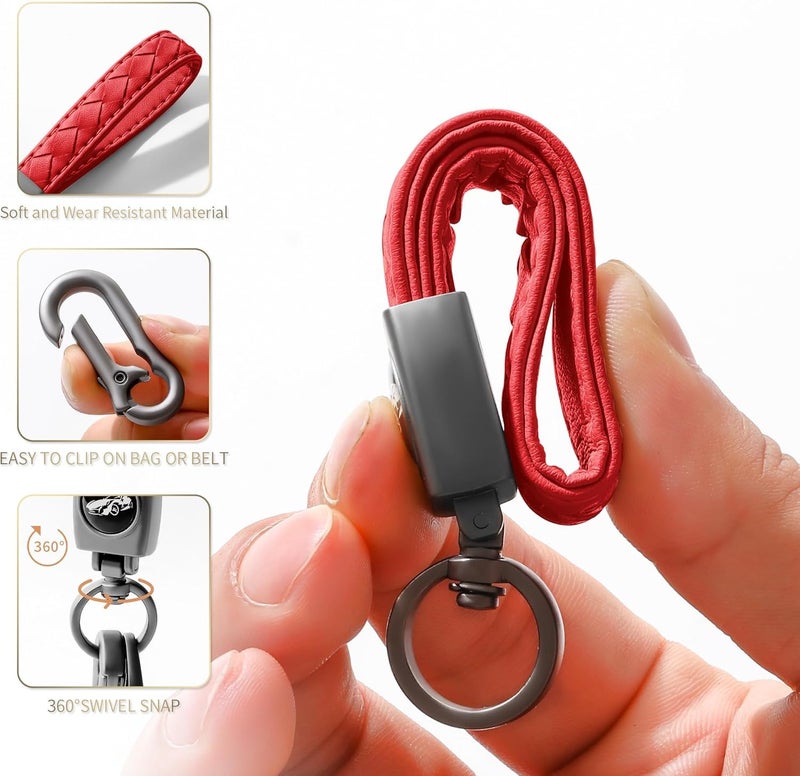 Contacts Carabiner Keychain – Universal Heavy Duty Handmade Woven Leather Key Chain with 360° Rotatable Snap Swivel & Anti-Lost D-Ring for Car Fob Keys – Gunmetal - Red for Men & Women - Image 3