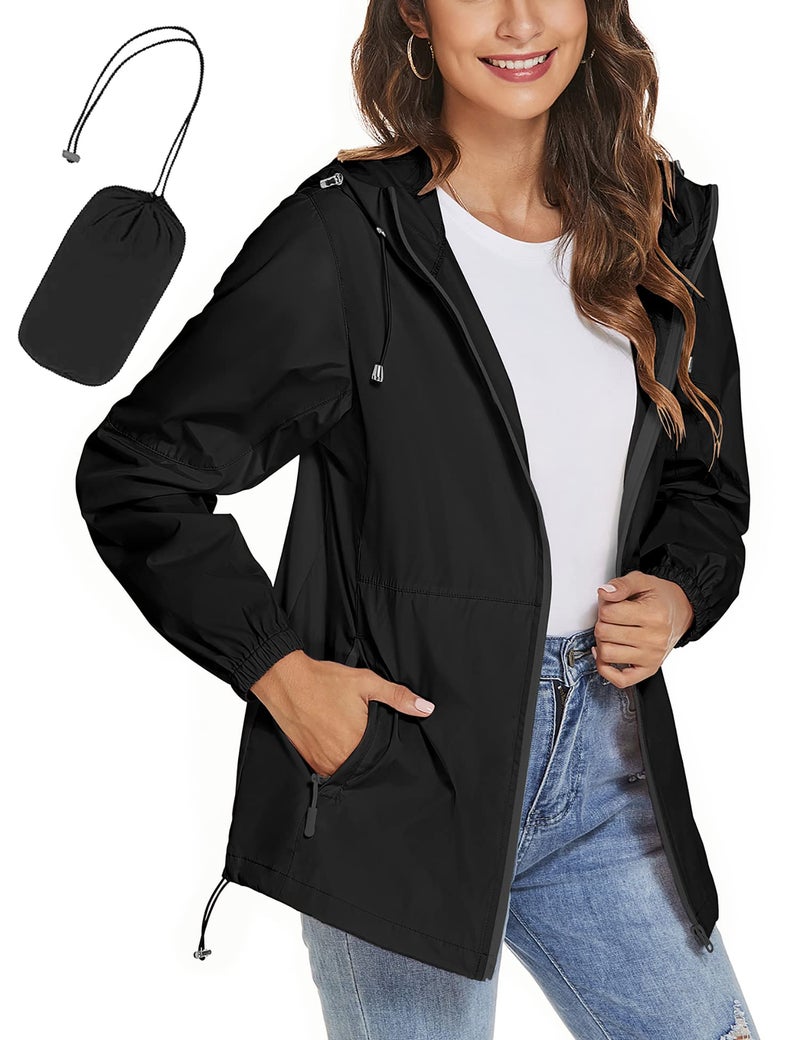 TCOT Women's Waterproof Packable Raincoat Lightweight Active Rain Jacket Hooded Windbreaker Jackets with Pockets Black M - Image 1