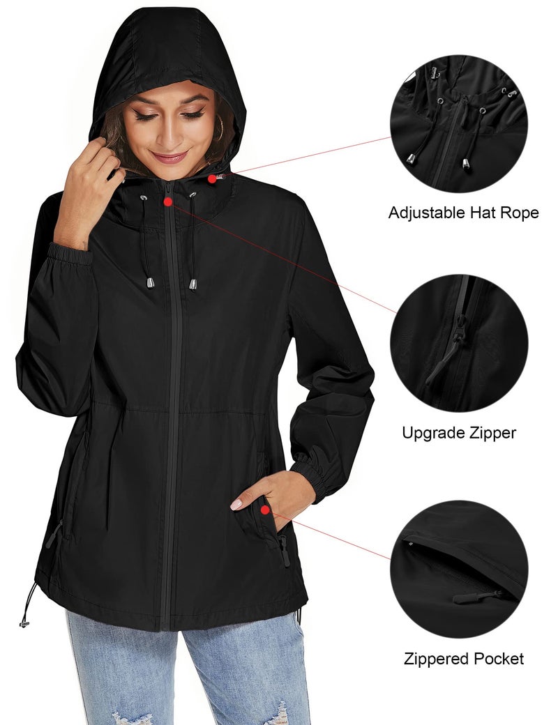TCOT Women's Waterproof Packable Raincoat Lightweight Active Rain Jacket Hooded Windbreaker Jackets with Pockets Black M - Image 4