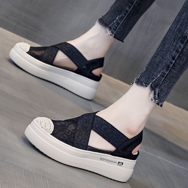 2024 Summer Autumn Thick-soled Lace Slippers Lazy Persons One Step Wear Breathable Mesh Sandals Hollow Out Fishing Shoes Women Hollow Black 
