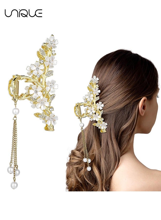 Unique Flower Rhinestone Grab Clip - Pearl Tassel Grab Clip - Floral Non-slip Hair Clip - Fashion Styling Hair Accessories - Gold - Image 1