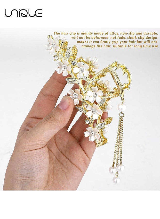 Unique Flower Rhinestone Grab Clip - Pearl Tassel Grab Clip - Floral Non-slip Hair Clip - Fashion Styling Hair Accessories - Gold - Image 3