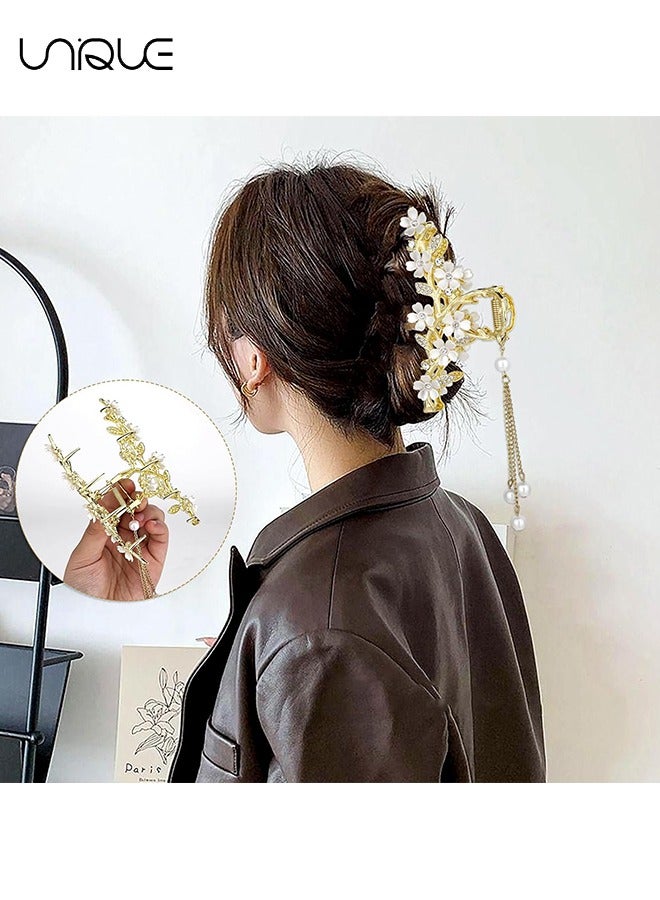 Unique Flower Rhinestone Grab Clip - Pearl Tassel Grab Clip - Floral Non-slip Hair Clip - Fashion Styling Hair Accessories - Gold - Image 4