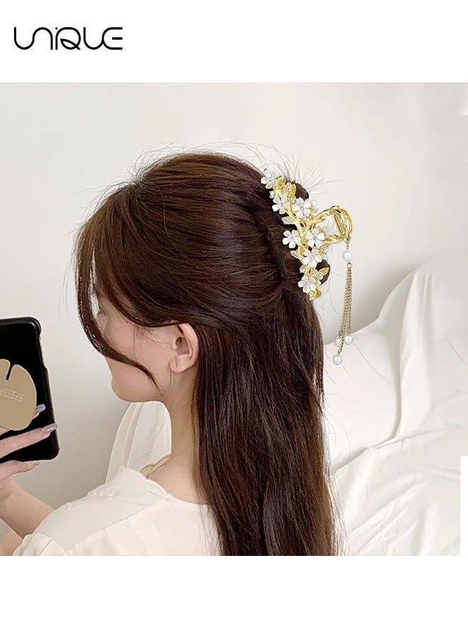 Unique Flower Rhinestone Grab Clip - Pearl Tassel Grab Clip - Floral Non-slip Hair Clip - Fashion Styling Hair Accessories - Gold - Image 5