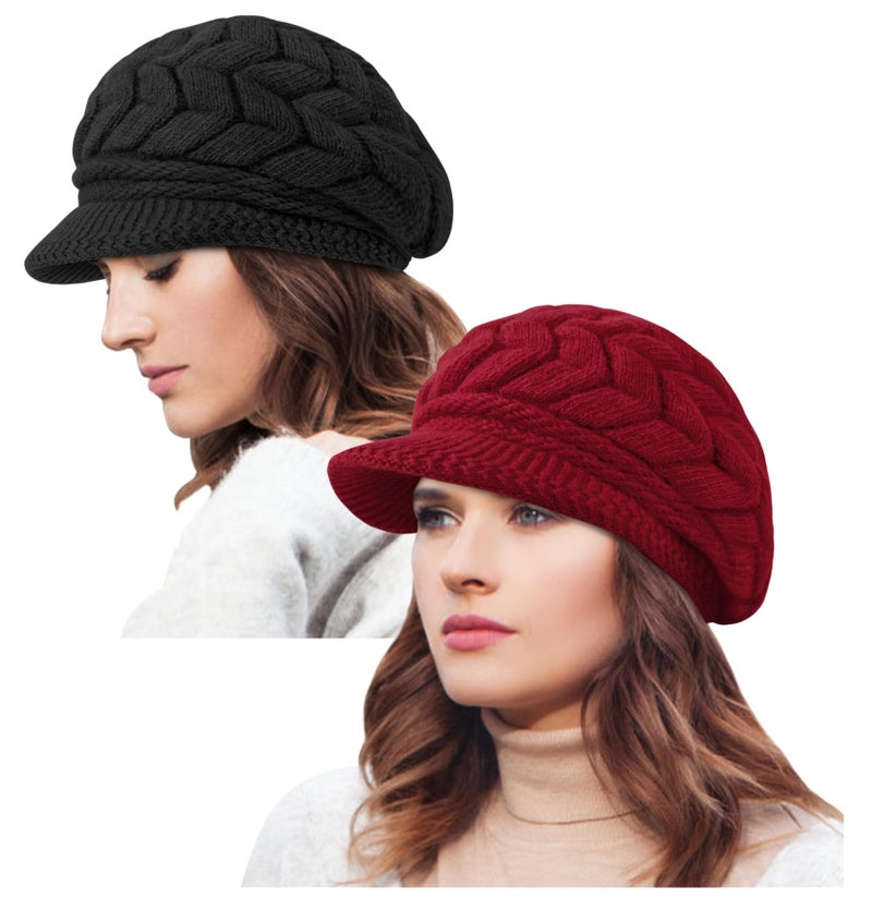 YSense 2 Pack Womens Winter Hats Warm Knit Hat Slouchy Beanie Cap with Brim Gifts - Image 1