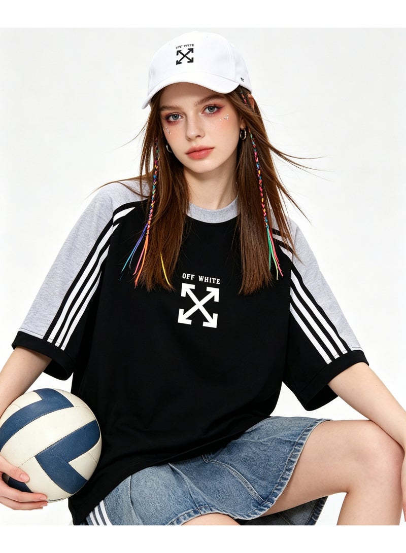 OFF-WHITE retro campus three-bar shoulder-inserted round neck T-shirt with heavy cotton loose cover for men and women with street fashion tops. - Image 2