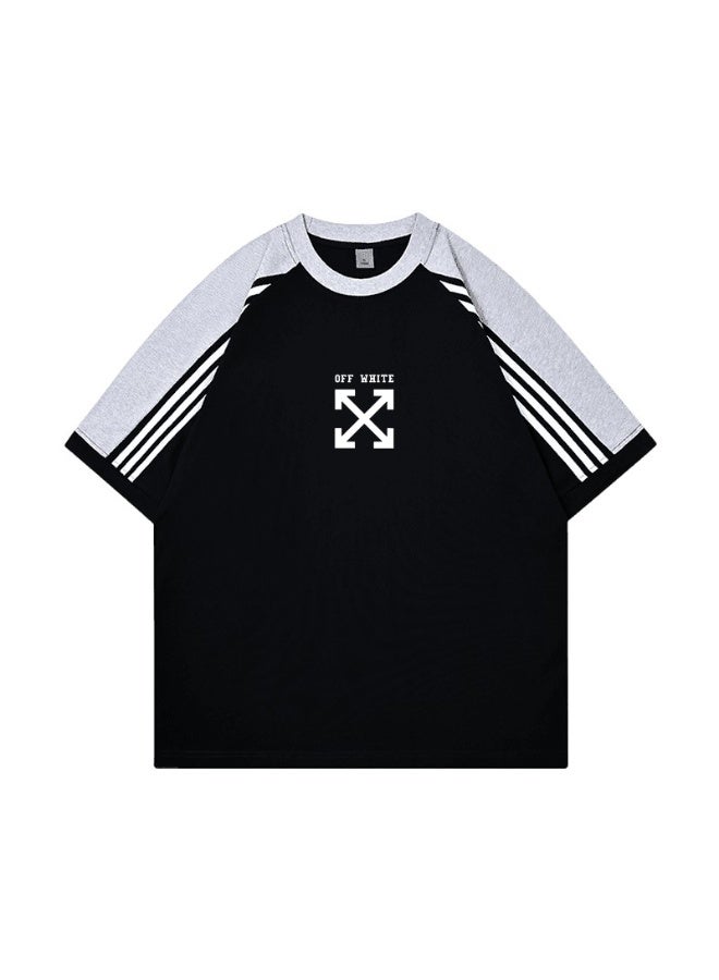 OFF-WHITE retro campus three-bar shoulder-inserted round neck T-shirt with heavy cotton loose cover for men and women with street fashion tops. - Image 3