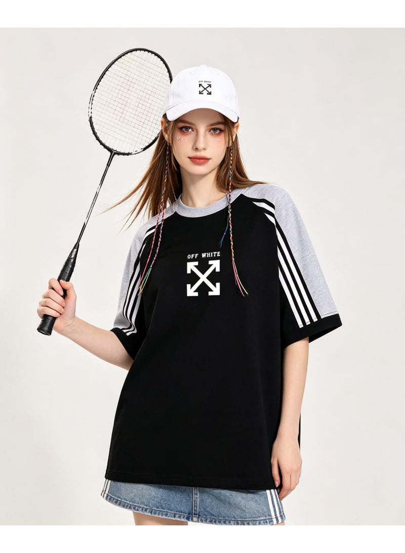 OFF-WHITE retro campus three-bar shoulder-inserted round neck T-shirt with heavy cotton loose cover for men and women with street fashion tops. - Image 5