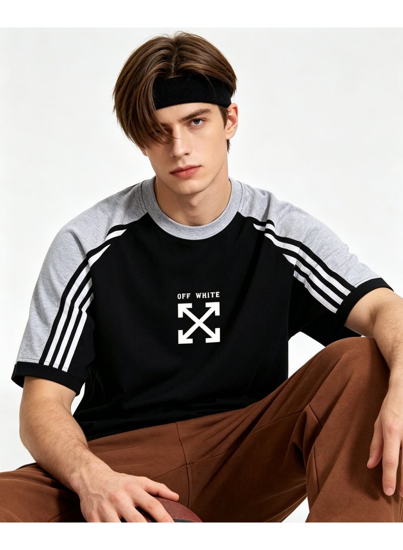 OFF-WHITE retro campus three-bar shoulder-inserted round neck T-shirt with heavy cotton loose cover for men and women with street fashion tops. - Image 1