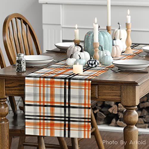 Artoid Mode Orange Black Buffalo Plaid Fall Table Runner, Halloween Kitchen Dining Table Decoration for Outdoor Home Party 13x72 Inch - Image 3