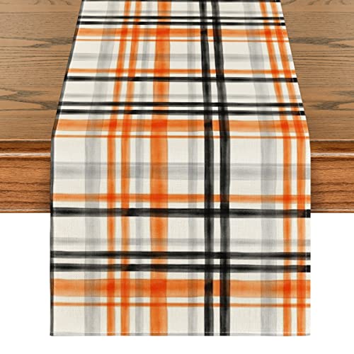 Artoid Mode Orange Black Buffalo Plaid Fall Table Runner, Halloween Kitchen Dining Table Decoration for Outdoor Home Party 13x72 Inch - Image 1