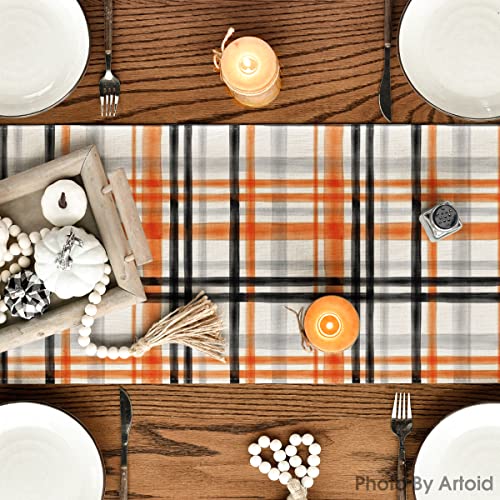 Artoid Mode Orange Black Buffalo Plaid Fall Table Runner, Halloween Kitchen Dining Table Decoration for Outdoor Home Party 13x72 Inch - Image 4