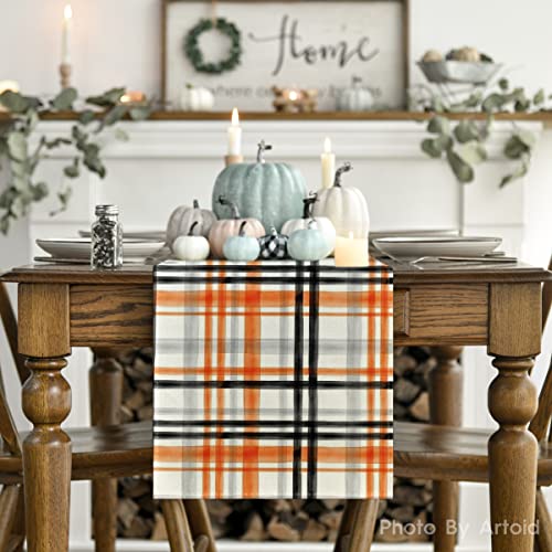 Artoid Mode Orange Black Buffalo Plaid Fall Table Runner, Halloween Kitchen Dining Table Decoration for Outdoor Home Party 13x72 Inch - Image 2