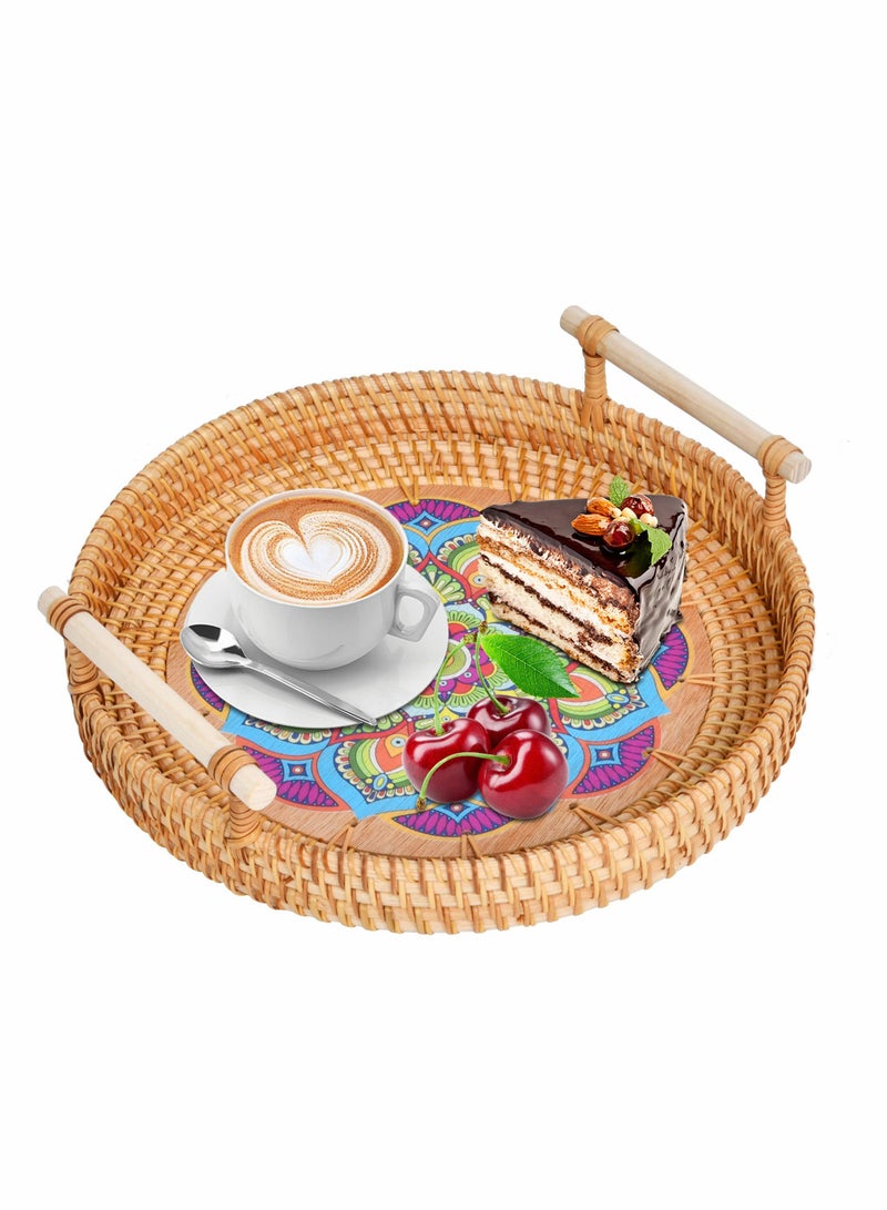Zikra Hand-Woven Rattan Serving Tray, Rattan Round Serving Tray with Handle, Coffee Tray Decor for Serving Coffee, Drinks, Bread, Fruit, Vegetables, Snacks - Image 1
