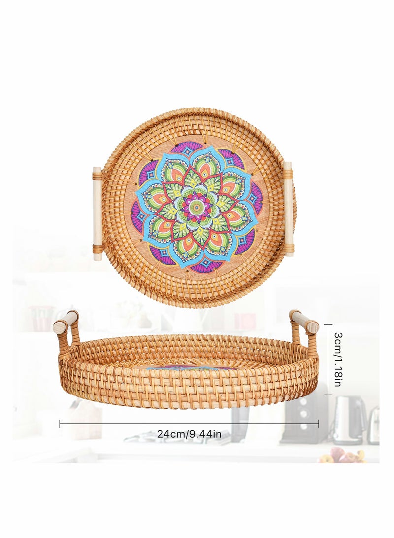 Zikra Hand-Woven Rattan Serving Tray, Rattan Round Serving Tray with Handle, Coffee Tray Decor for Serving Coffee, Drinks, Bread, Fruit, Vegetables, Snacks - Image 2