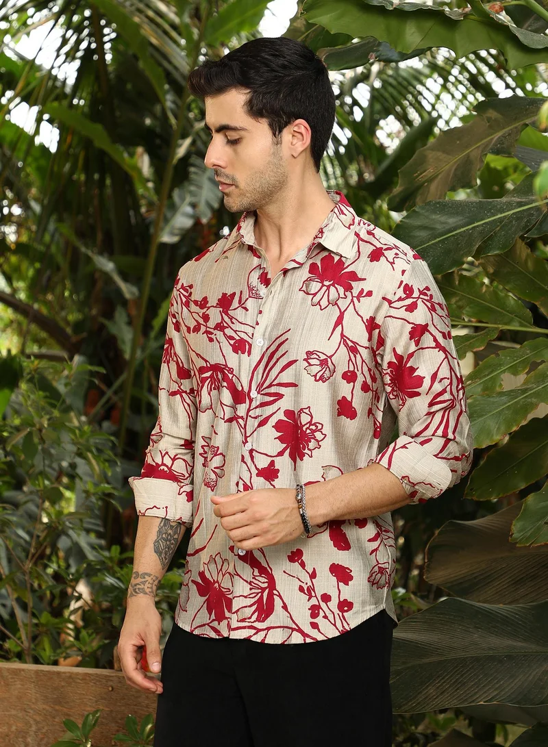 Campus Sutra  Men's Scarlet Red Freesia-Imprint Shirt for Men | Best Price UAE