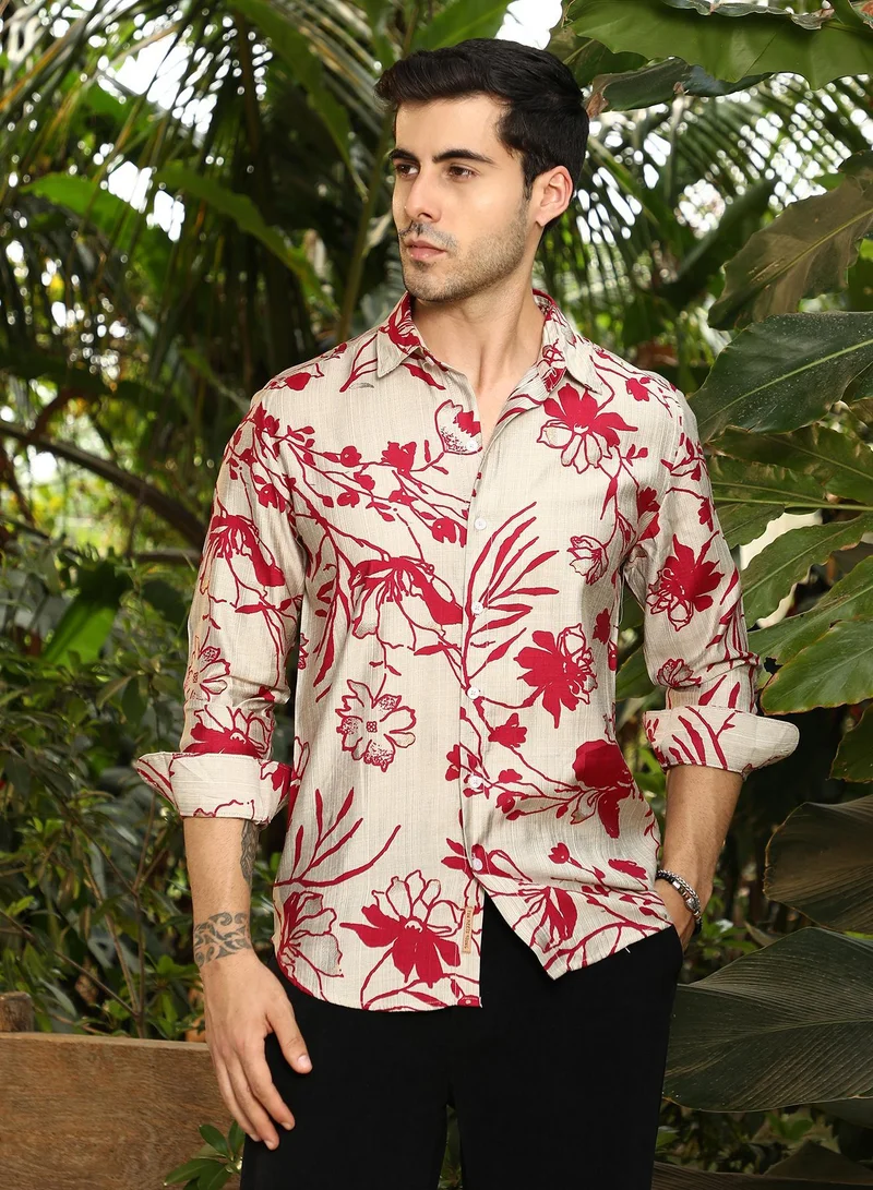 Campus Sutra  Men's Scarlet Red Freesia-Imprint Shirt for Men | Best Price UAE