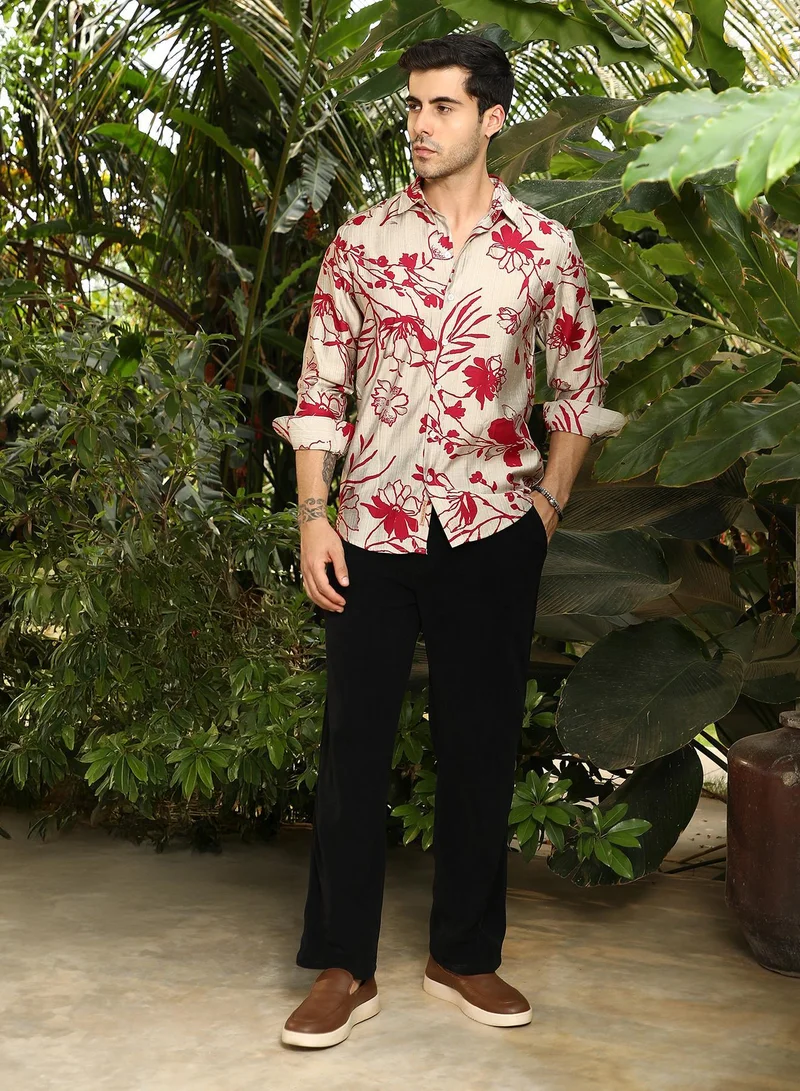 Campus Sutra  Men's Scarlet Red Freesia-Imprint Shirt for Men | Best Price UAE