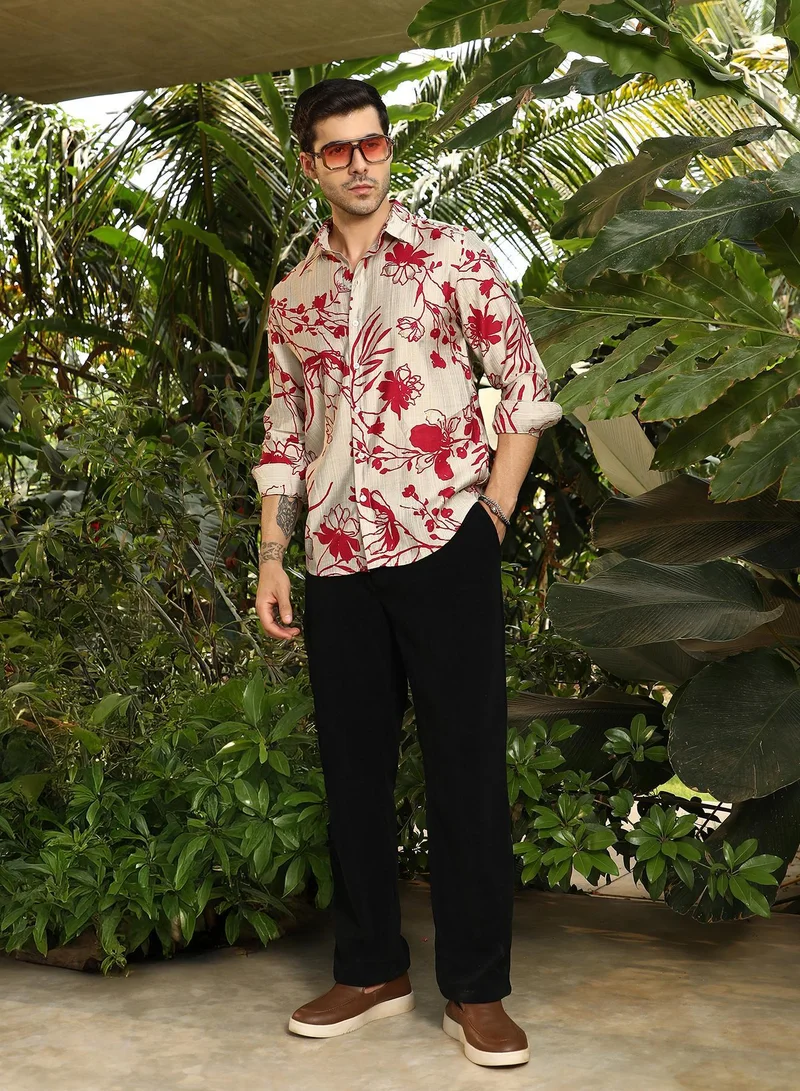 Campus Sutra  Men's Scarlet Red Freesia-Imprint Shirt for Men | Best Price UAE