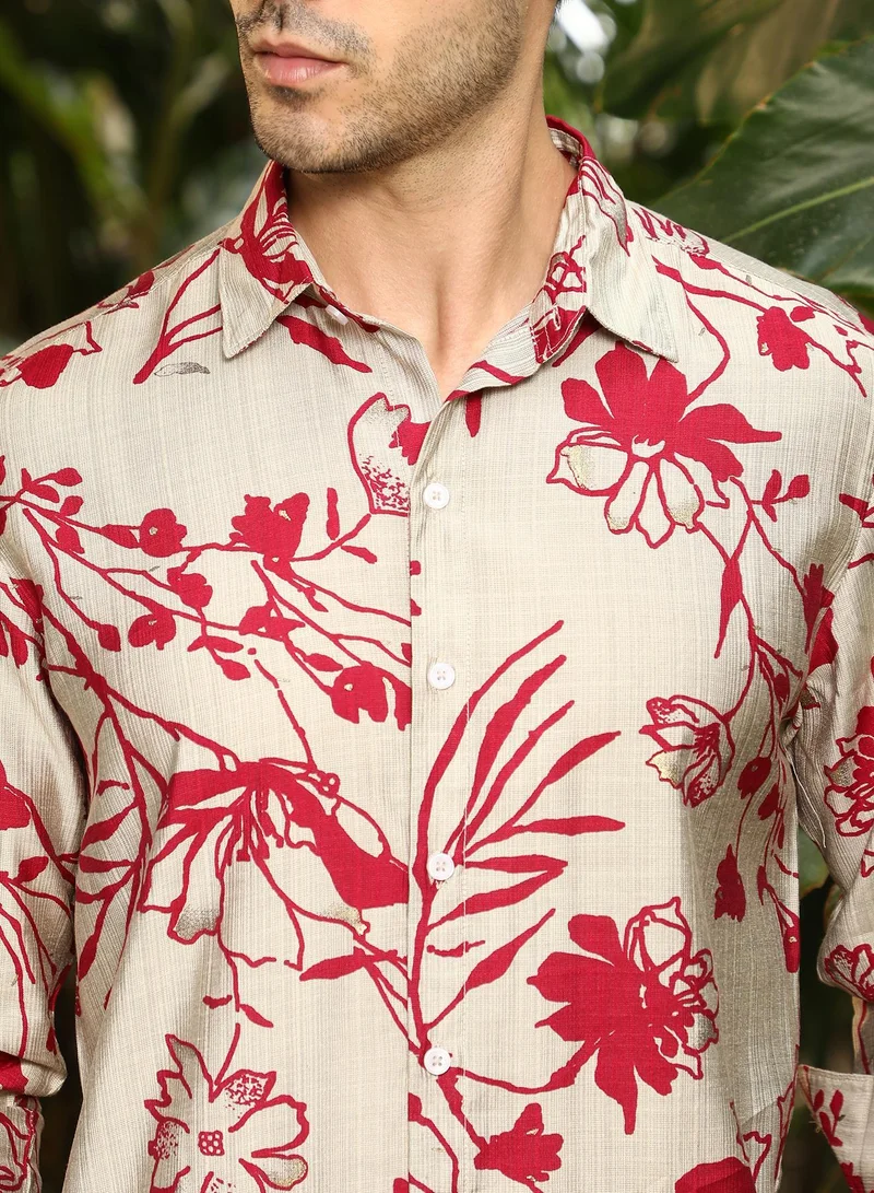 Campus Sutra  Men's Scarlet Red Freesia-Imprint Shirt for Men | Best Price UAE