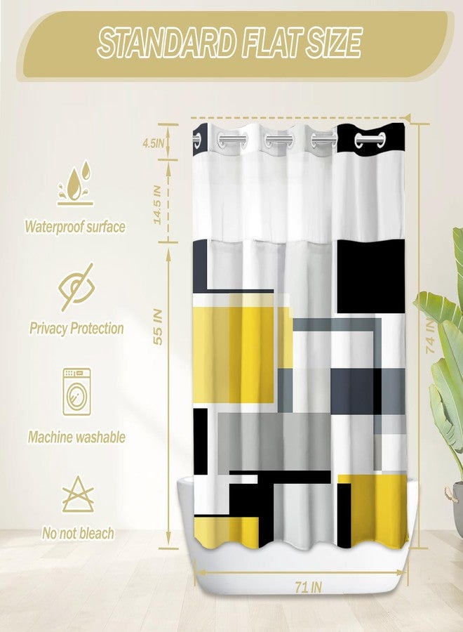 KINUUIS Yellow Hookless Shower Curtain Set with Snap in Liner, Yellow Black White Bathroom Decor, 71x74 Inches, Geometric Bathroom Curtain with Liner and See Through Top Window - Image 2