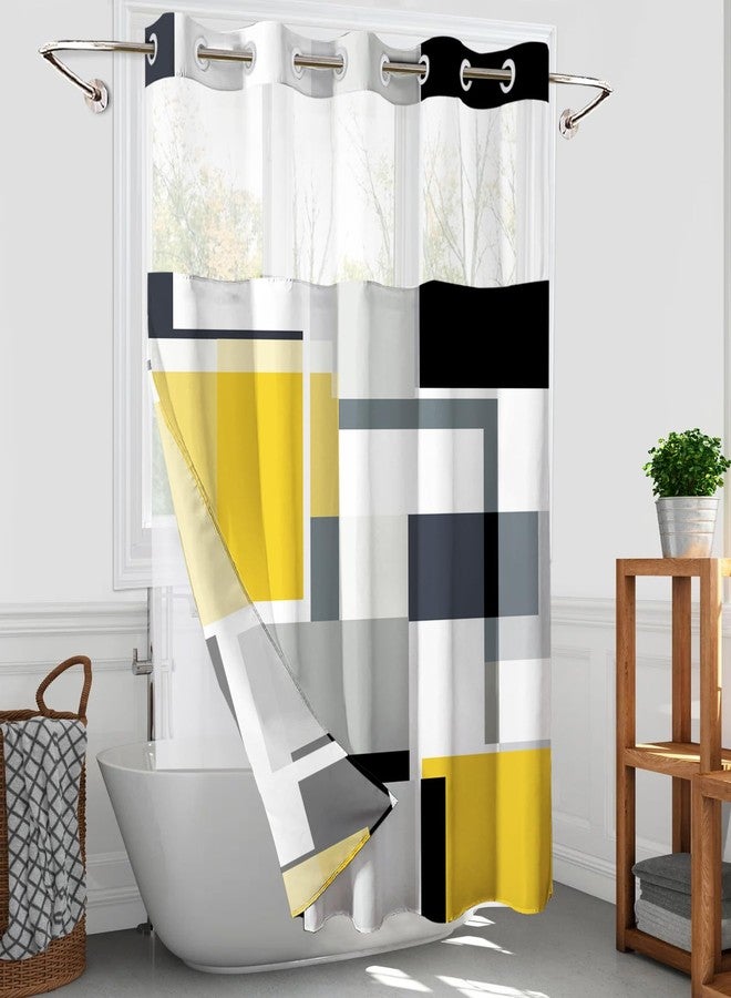 KINUUIS Yellow Hookless Shower Curtain Set with Snap in Liner, Yellow Black White Bathroom Decor, 71x74 Inches, Geometric Bathroom Curtain with Liner and See Through Top Window - Image 1