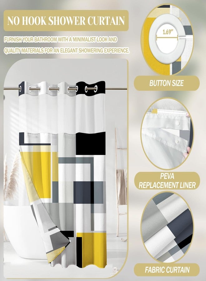 KINUUIS Yellow Hookless Shower Curtain Set with Snap in Liner, Yellow Black White Bathroom Decor, 71x74 Inches, Geometric Bathroom Curtain with Liner and See Through Top Window - Image 4