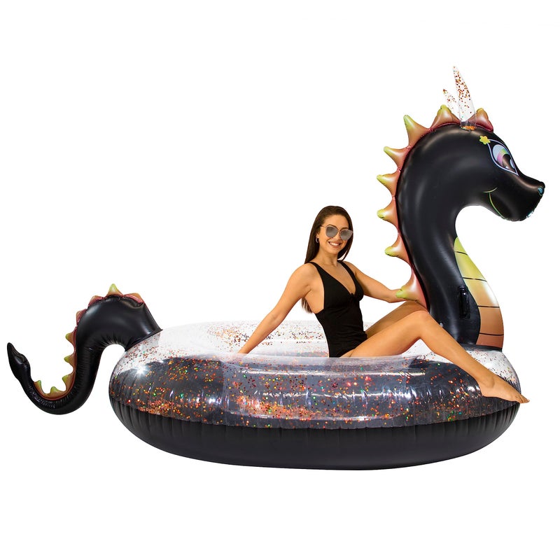 PoolCandy Gigantic Black Sea Dragon Inflatable Pool Raft 120 Inch Glitter Float for 23 Adults Heavy Duty PVC Swim Platform for Pool Lake Beach Parties Giant Lounge Supports Up to 450 lbs - Image 2