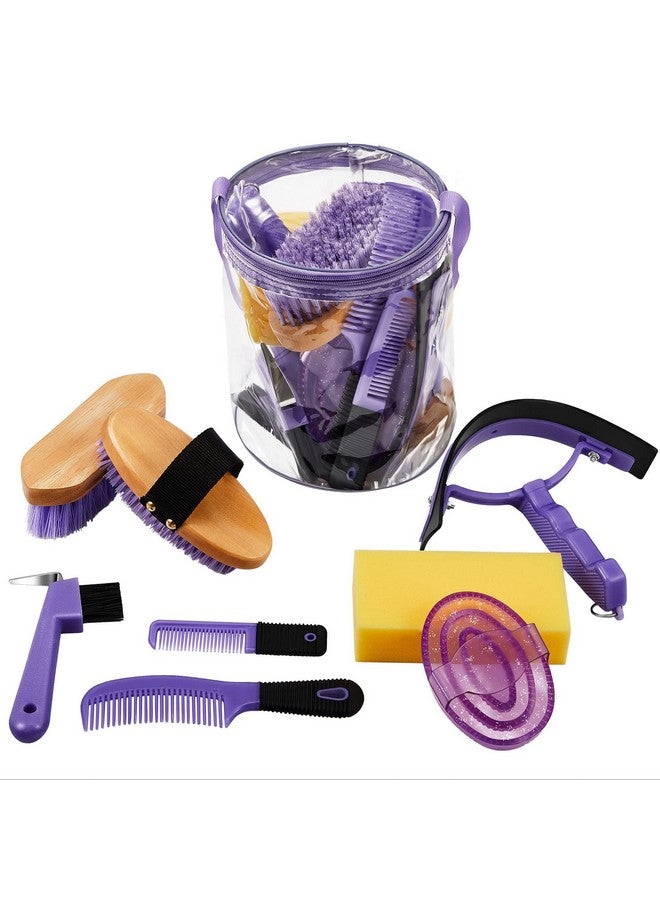Cunhill 9 Pieces Horse Grooming Kit Tack Room Supplies Set With Organizer Tote Bag, Oval Massage Curry, Hard And Soft Brush, Hoof Pick, Sweat Scraper, Bathing Sponge, Combs For Horse Riders Beginners (Purple) - Image 1