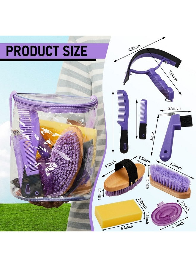 Cunhill 9 Pieces Horse Grooming Kit Tack Room Supplies Set With Organizer Tote Bag, Oval Massage Curry, Hard And Soft Brush, Hoof Pick, Sweat Scraper, Bathing Sponge, Combs For Horse Riders Beginners (Purple) - Image 2