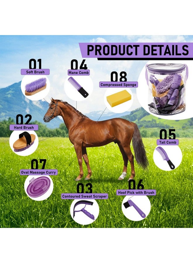 Cunhill 9 Pieces Horse Grooming Kit Tack Room Supplies Set With Organizer Tote Bag, Oval Massage Curry, Hard And Soft Brush, Hoof Pick, Sweat Scraper, Bathing Sponge, Combs For Horse Riders Beginners (Purple) - Image 3