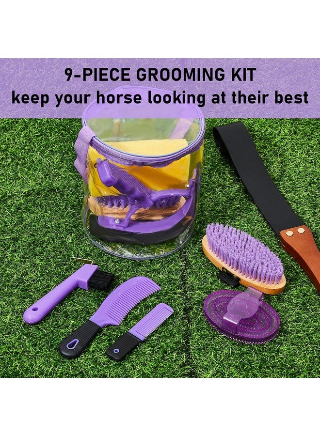 Cunhill 9 Pieces Horse Grooming Kit Tack Room Supplies Set With Organizer Tote Bag, Oval Massage Curry, Hard And Soft Brush, Hoof Pick, Sweat Scraper, Bathing Sponge, Combs For Horse Riders Beginners (Purple) - Image 5